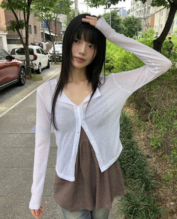 Amu See-through Ribbed Long Sleeve Cardigan